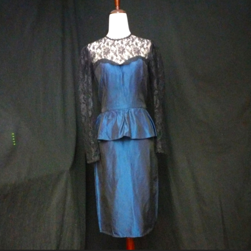 VTG RARE Gunne Sax by J. McClintock Late '70s Blue w/ Black Lace Midi Dress Sz 7